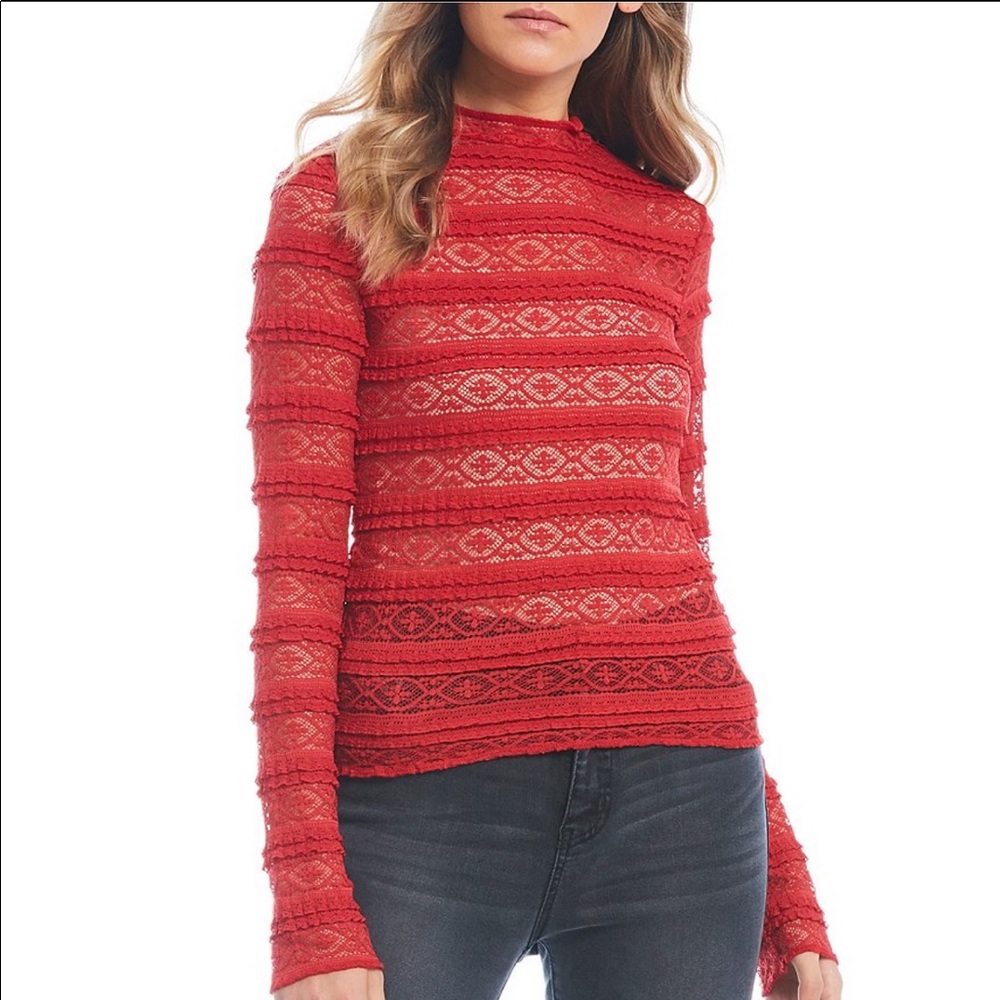 Mock Neck Open Lace Long Sleeve Top - Picture 1 of 4